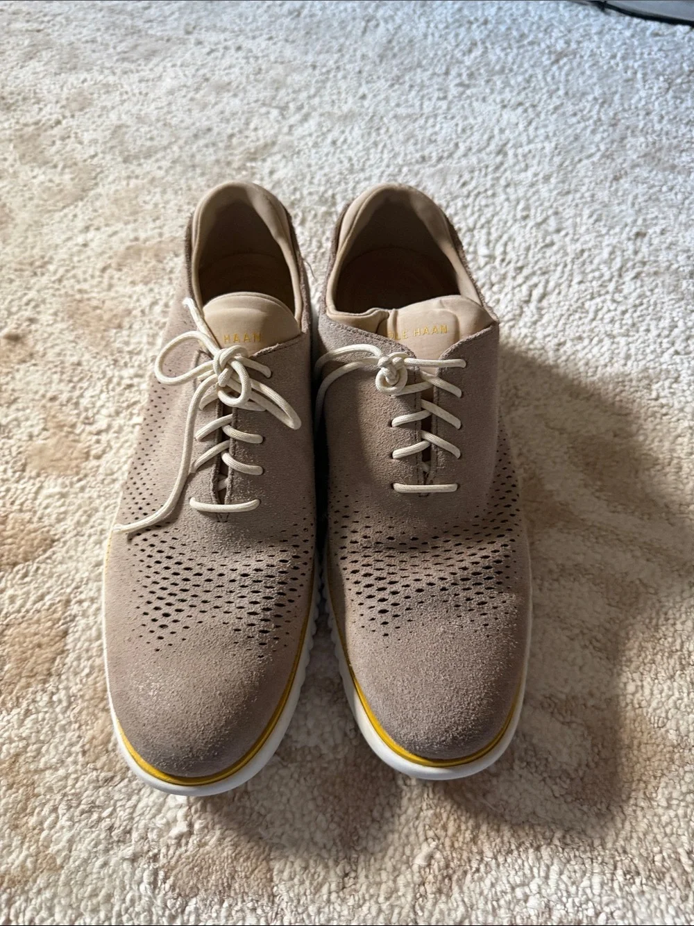 Cole Haan Taupe Suede Perforated Lace-Up Oxfords with Yellow Sole Accent